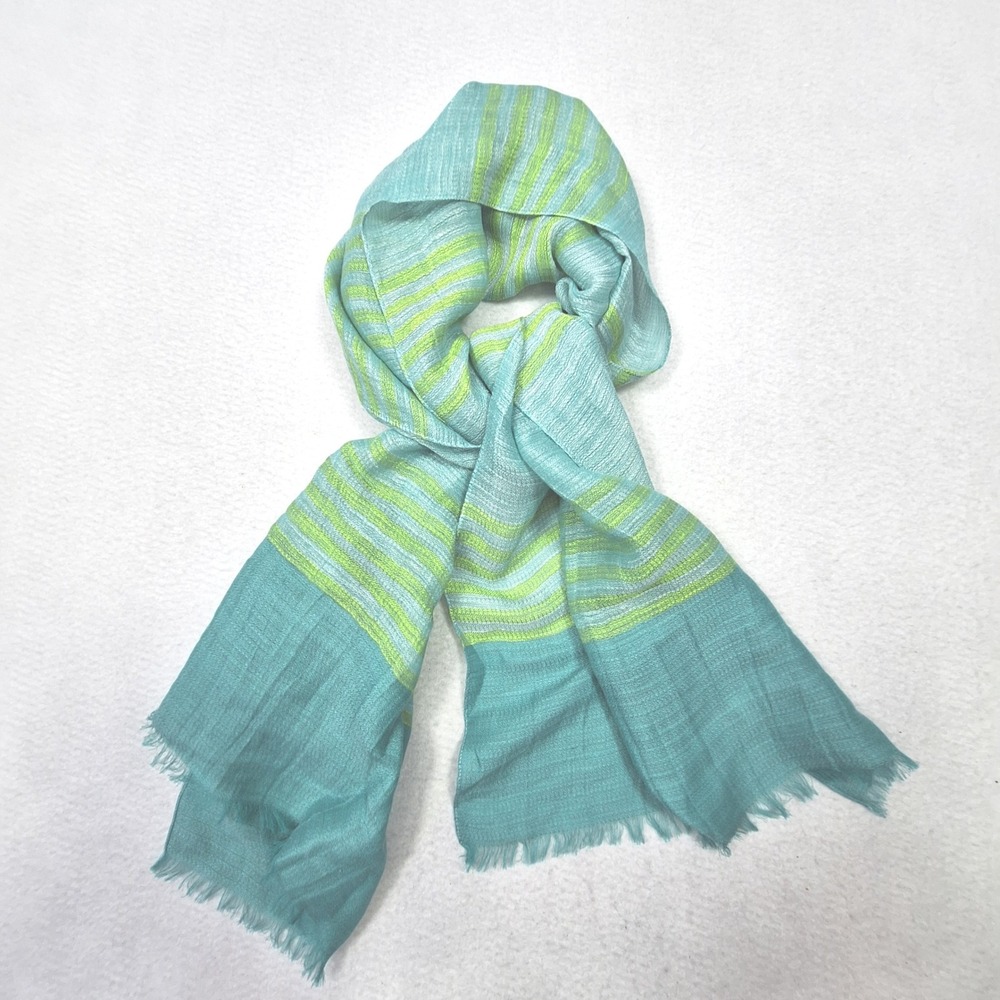 J Jill Scarf Womens One Size Teal Green Striped Linen Cotton Lightweight Wrap
